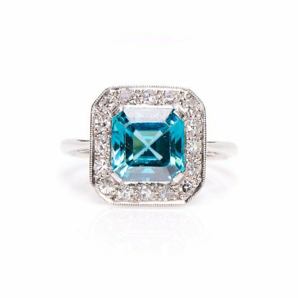 1.6ct Asscher Cut Blue Aquamarine Engagement Ring Halo 14k White Gold Finish
