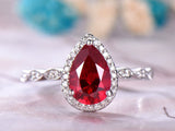 2.25ct Pear Ruby Diamond Vintage Antique Engagement Ring 14k Solid White Gold