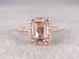 2.6ct Emerald Cut Peach Morganite Halo Women Solitaire Ring 14k Rose Gold Finish