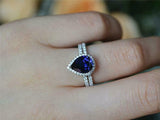 2.2ct Engagement Ring Pear Cut Blue Sapphire Halo Bridal Set 14k White Gold Over