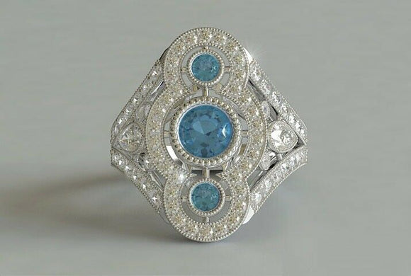 3ct Round Blue Aquamarine Engagement Ring Art Deco Trilogy 14k White Gold Finish