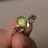 0.75ct Pear Cut Green Peridot Trilogy Engagement Ring 14k White Gold Finish