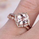 2ct Cushion Peach Morganite Vitange Floral Engagement Ring 14k Rose Gold Finish