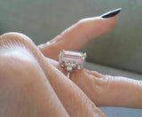 3ct Emerald Cut Peach Morganite Ring 14K White Gold Finish With Round Accents