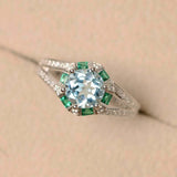 2.5ct Round Cut Blue Aquamarine Art Deco Split Shank Ring 14k White Gold Finish