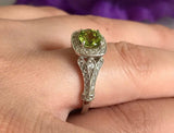 2ct Round Cut Green Peridot Halo Vintage Engagement Ring 14k White Gold Finish