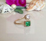 1.2ct Engagement Ring Princess Cut Emerald Crown Open Cuff 14k Yellow Gold Over