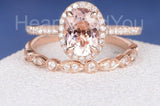 2.5ct Oval Cut Simulated Morganite Milgrain Halo Bridal Set 14k Rose Gold Plated