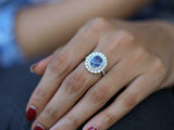 4ct Engagement Ring Oval Cut Blue Sapphire Diamond Dual Halo 14k White Gold Over