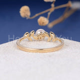 0.1ct Round Simulated Dainty Leave Vine Pearl Engagement Ring Yellow Gold Plated