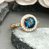 2.2ct Engagement Ring Round Cut London Blue Topaz Halo 14k Yellow Gold Finish