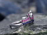 3Ct Round Cut Pink Blue Sapphire Queen Crown Engagement Ring 14K White Gold Over
