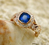 2Ct Cushion Cut Blue Sapphire Vintage Halo Engagement Ring 14K Rose Gold Finish
