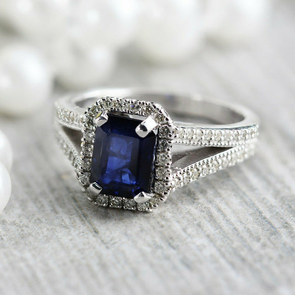 4Ct Emerald Cut Blue Sapphire Diamond Split Shank Halo Ring 18K White Gold Over