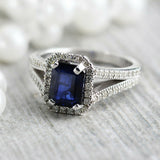 4Ct Emerald Cut Blue Sapphire Diamond Split Shank Halo Ring 18K White Gold Over