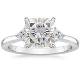 3ct Cushion Cut Diamond Engagement Ring 14k White Gold Finish Trio Round Accents