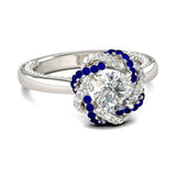 4Ct Round Cut Diamond Sapphire Floral Halo Engagement Ring 14K White Gold Finish
