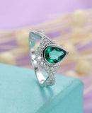 3ct Pear Cut Green Emerald Engagement Ring Curved Bridal Set 14k White Gold Over