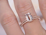 1ct Emerald Cut Simulated Morganite Curved Halo Bridal Set 14k Rose Gold Plated
