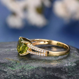 2ct Cushion Cut Green Peridot Engagement Ring Split Shank 14k Yellow Gold Finish