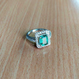 1.5ct Engagement Ring Green Emerald Cut Round Accent Halo 14k White Gold Finish