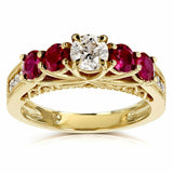 3Ct Round Cut Diamond Ruby Accent Vintage Engagement Ring 14K Yellow Gold Finish