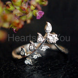 0.11ct Round Cut Moissanite Vine Leaf Chevron Wedding Band 14K White Gold Plated