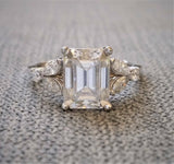 2Ct Emerald Cut Diamond Engagement Ring 14K White Gold Over Leaf Marquise Accent