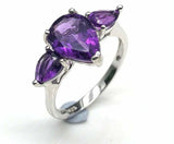 2.3ct Engagement Ring Pear Cut Purple Amethyst Three Stone 14k White Gold Finish