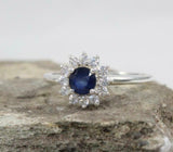 2.2ct Engagement Ring Round Cut Blue Sapphire Floral Halo 14k White Gold Finish