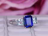 2ct Emerald Blue Sapphire Engagement Ring Trilogy Solitaire 14k White Gold Over