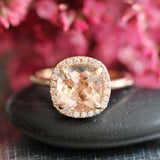 1.2ct Cushion Cut Peach Morganite Halo Engagement Ring 14k Rose Gold Finish