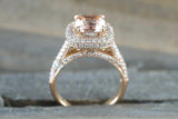 2.6ct Cushion Cut Peach Morganite Double Halo Engagement Ring 14k Rose Gold Over
