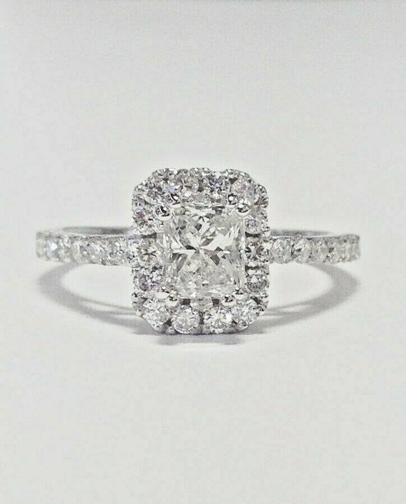 2Ct Radiant Cut Diamond Halo Engagement Ring 14K White Gold Finish Round Accents