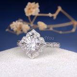 2.1ct Round Cut Moissanite Floral Milgrain Halo Women Ring 14k White Gold Plated