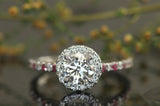 3Ct Round Cut Diamond Rubies on Band Halo Engagement Ring 14K White Gold Finish