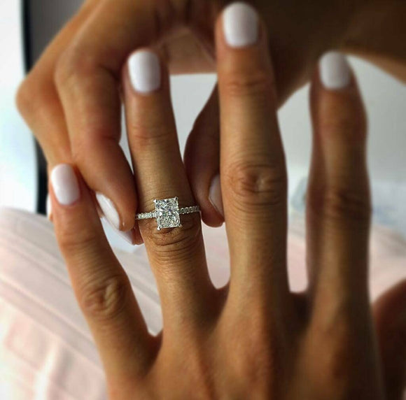 0.7ct Radiant Cut Diamond Accent Solitaire Engagement Ring 14k White Gold Finish