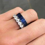 2.5ct Emerald Cut Blue Sapphire and Diamond Wedding Band 14k White Gold Finish