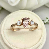 1ct Engagement Ring Pear Cut Peach Morganite Three Stone 14k Yellow Gold Finish