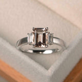 2ct Emerald Cut Peach Morganite Baguette Accent Trilogy Ring 14k White Gold Over