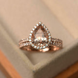 2ct Engagement Ring Pear Cut Peach Morganite Halo Bridal Set 14k RoseGold Finish