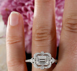 2ct Emerald Cut Diamond Vintage Halo Women Engagement Ring 14k White Gold Finish