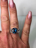 2.3ct Engagement Ring Emerald London Blue Topaz Three Stone 14k White Gold Over