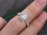 1.7ct Engagement Ring Emerald Cut Diamond Halo Bridal Set 14k White Gold Finish