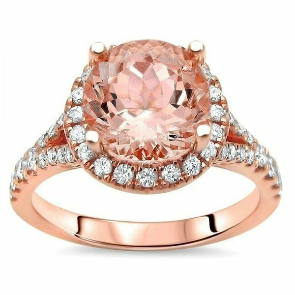 3Ct Round Cut Peach Morganite Split Band Halo Engagement Ring 14K Rose Gold Over