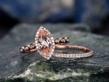 2ct Marquise Cut Morganite Bridal Set Halo Engagement Ring 14K Rose Gold Over