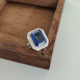 2.2ct Engagement Ring Emerald Cut Blue Sapphire Halo 14k White Gold Finish
