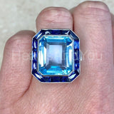 2.2ct Emerald Cut Simulated Aquamarine Art Deco Halo Ring 14k White Gold Plated