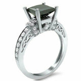 3ct Princess Cut Black Diamond Vintage Engagement Ring 14K White Gold Finish