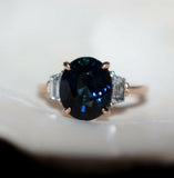 2.7ct Engagement Ring Oval Cut Blue Sapphire Three Stone 14k Rose Gold Finish